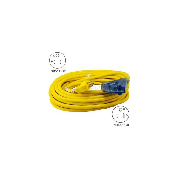 Conntek SJTW Extension Cord, 12 AWG, Outdoor, 12/3, 3 Outlets, 5-15R, Yellow, 5-15P, 50 ft 20411-050 - main